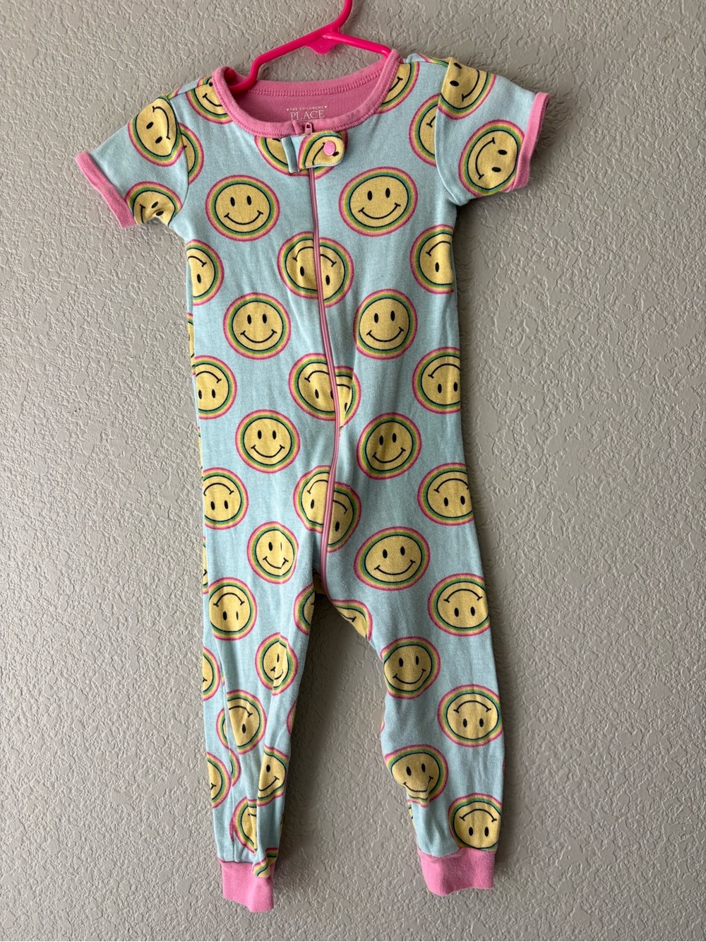 The Children's Place Light Blue Smiley Face Zipper Front Pajamas with Pink Trim